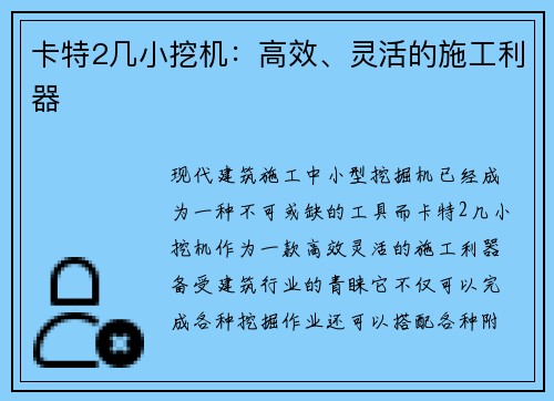 卡特2几小挖机：高效、灵活的施工利器